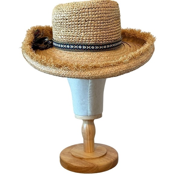 Scala Studio Boho Straw Hat Frayed Brim Woven Patterned Band Detail One Size - Picture 4 of 7